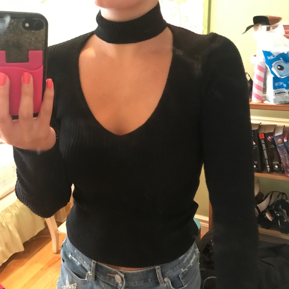 Black V Neck Cutout Shirt